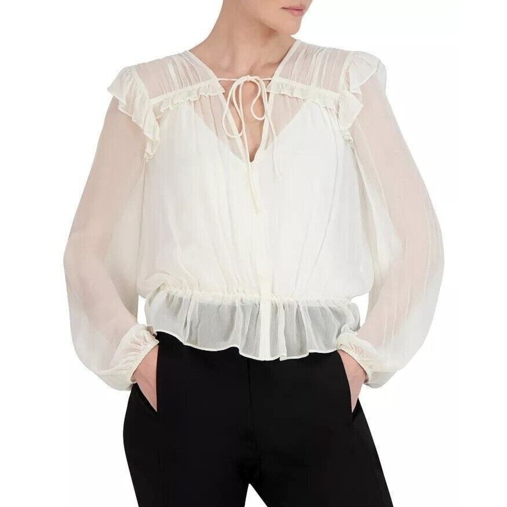 BCBGMAXAZRIA Gardenia Ruffle Trim Tie Neck Long‎ Sleeve Sheer Blouse Womens XXS